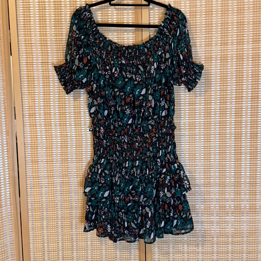 Revamped Floral Smocked Mini Dress XL Teal Black Off Shoulder Ruffle Tiered Boho